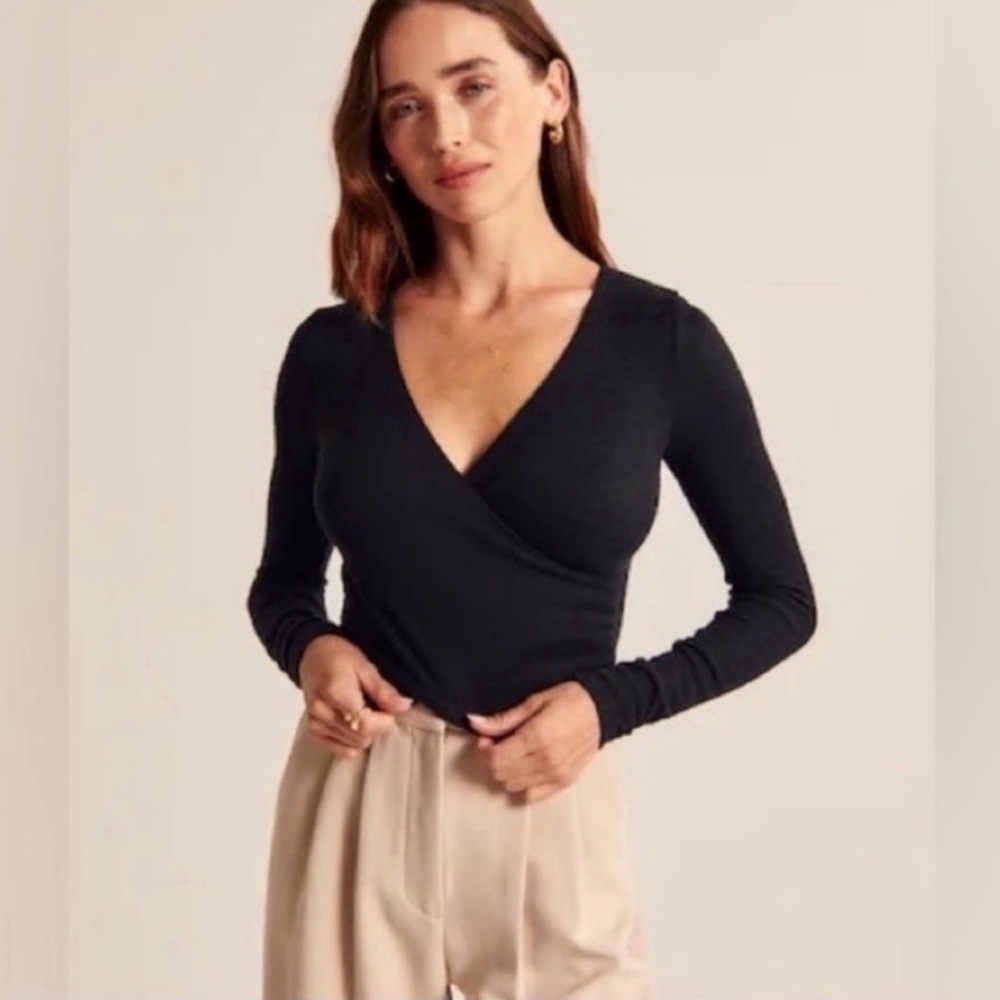 Abercrombie & Fitch Black Wrap-Front Long Sleeve Bodysuit
